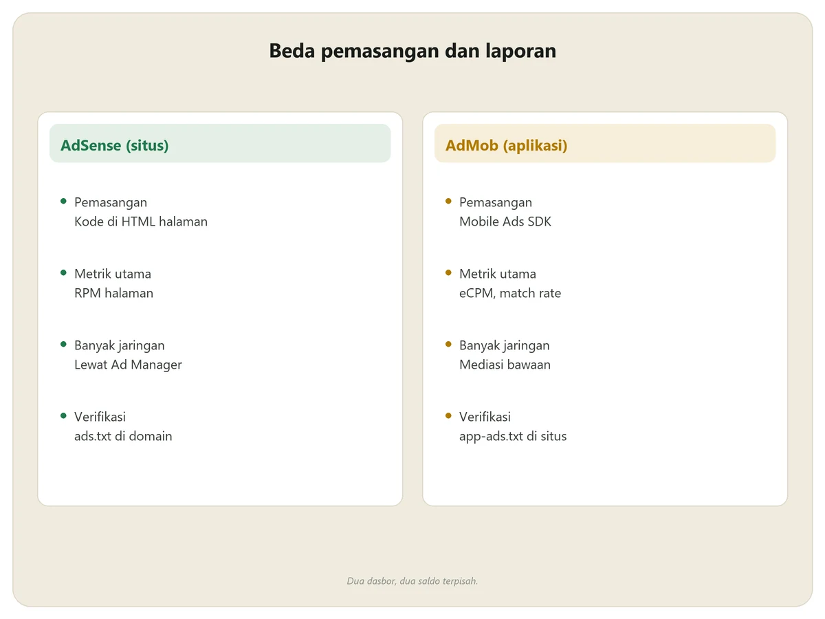 Perbandingan AdSense dan AdMob pada empat hal: cara pemasangan, metrik utama, dukungan banyak jaringan, dan berkas verifikasi kepemilikan