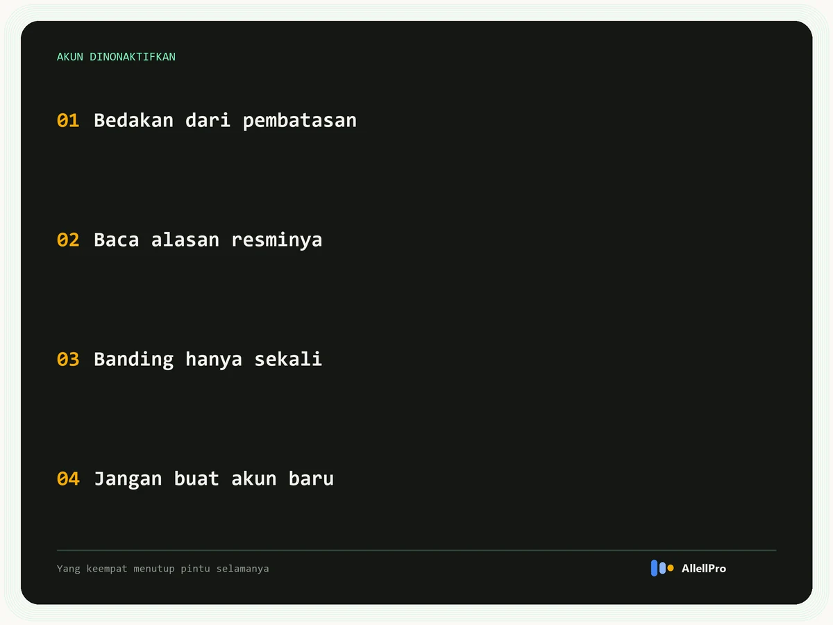 Empat langkah saat akun AdSense dinonaktifkan: bedakan dari pembatasan, baca alasan resminya, banding hanya sekali, jangan membuat akun baru