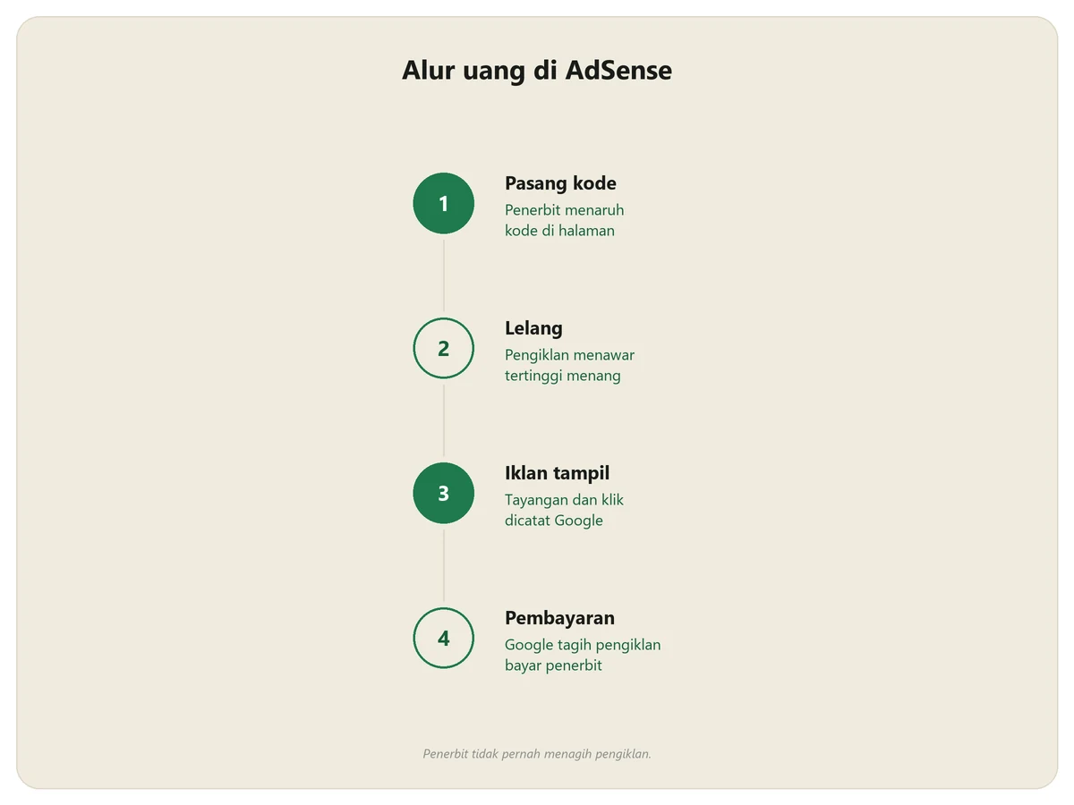 Alur Google AdSense dalam empat langkah: penerbit memasang kode, pengiklan menawar dalam lelang, tayangan dan klik dicatat, Google menagih pengiklan lalu membayar penerbit
