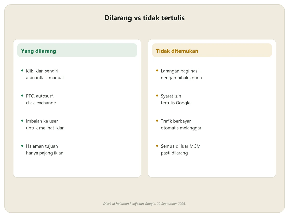 Perbandingan yang tertulis dilarang di kebijakan Google dengan klaim yang tidak ditemukan di halaman kebijakan