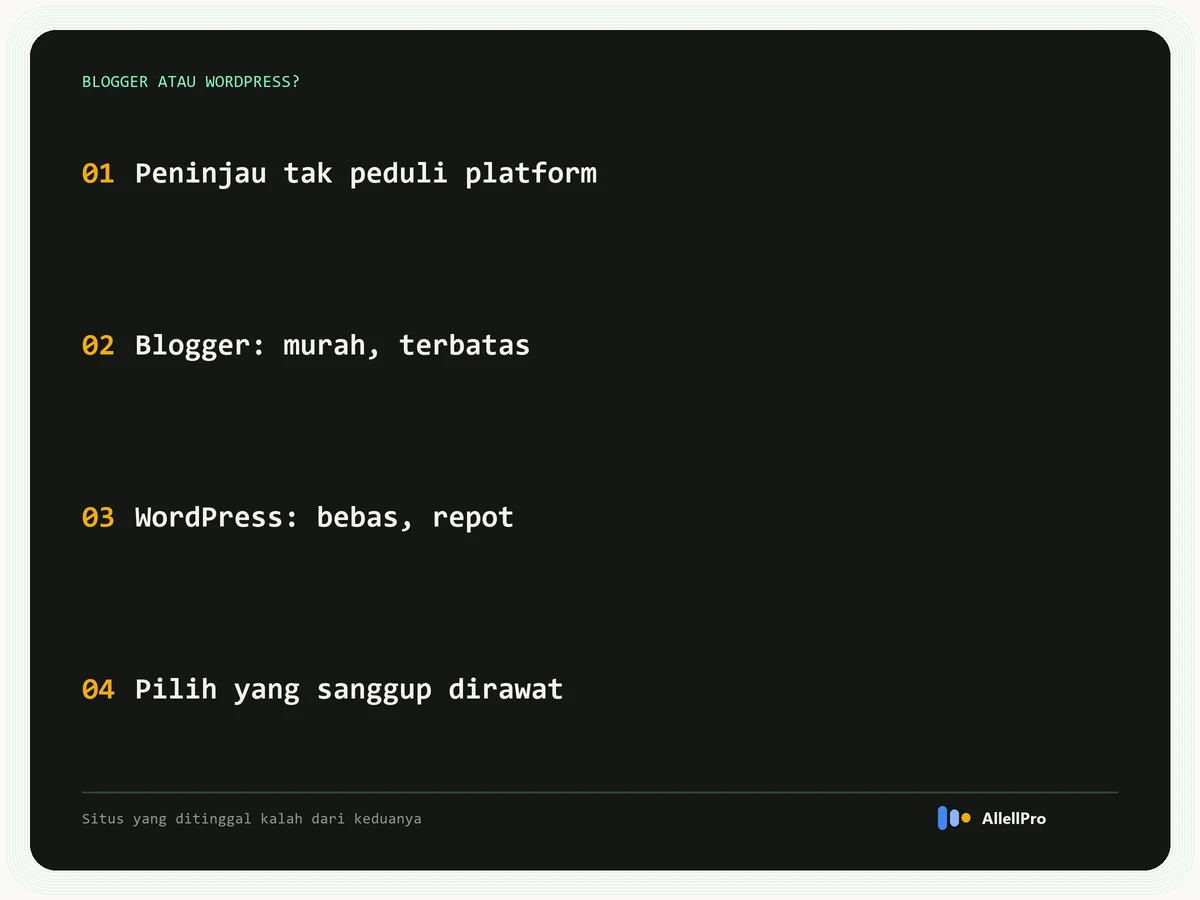 Empat poin memilih Blogger atau WordPress untuk AdSense: peninjau tidak peduli platform, Blogger murah tapi terbatas, WordPress bebas tapi repot, pilih yang sanggup dirawat