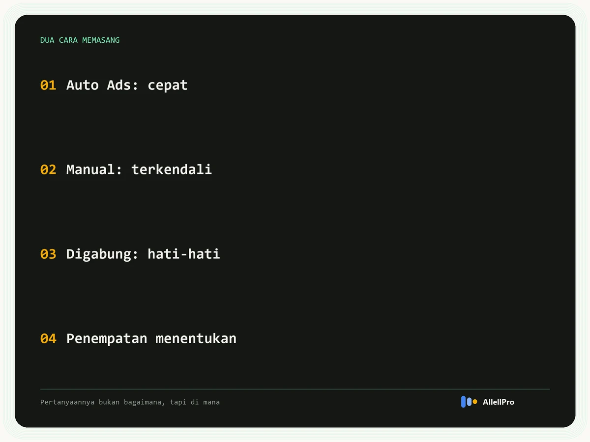 Dua cara memasang iklan AdSense di blog: Auto Ads yang cepat, manual yang terkendali, gabungan yang perlu hati-hati, dan penempatan yang menentukan hasilnya
