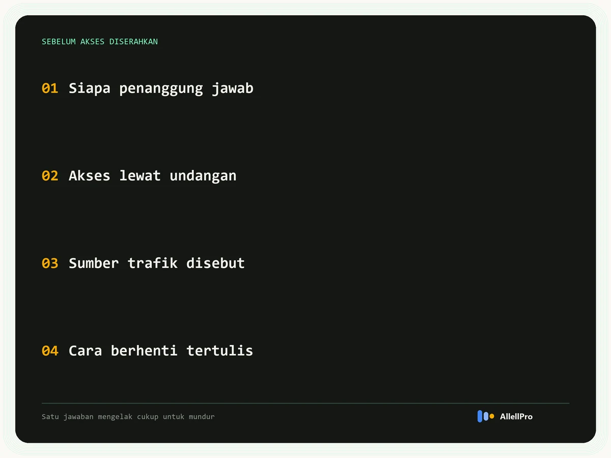 Checklist 20 pertanyaan sebelum menyerahkan akses AdSense ke pengelola: penanggung jawab, akses lewat undangan, sumber trafik, dan cara berhenti