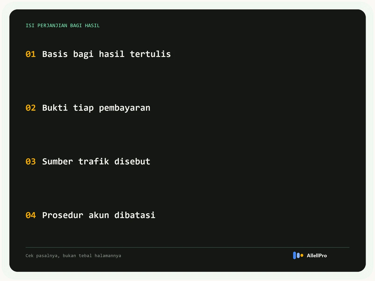 Empat pasal yang paling sering hilang dari perjanjian bagi hasil AdSense: basis bagi hasil, bukti pembayaran, sumber trafik, dan penanganan pembatasan akun