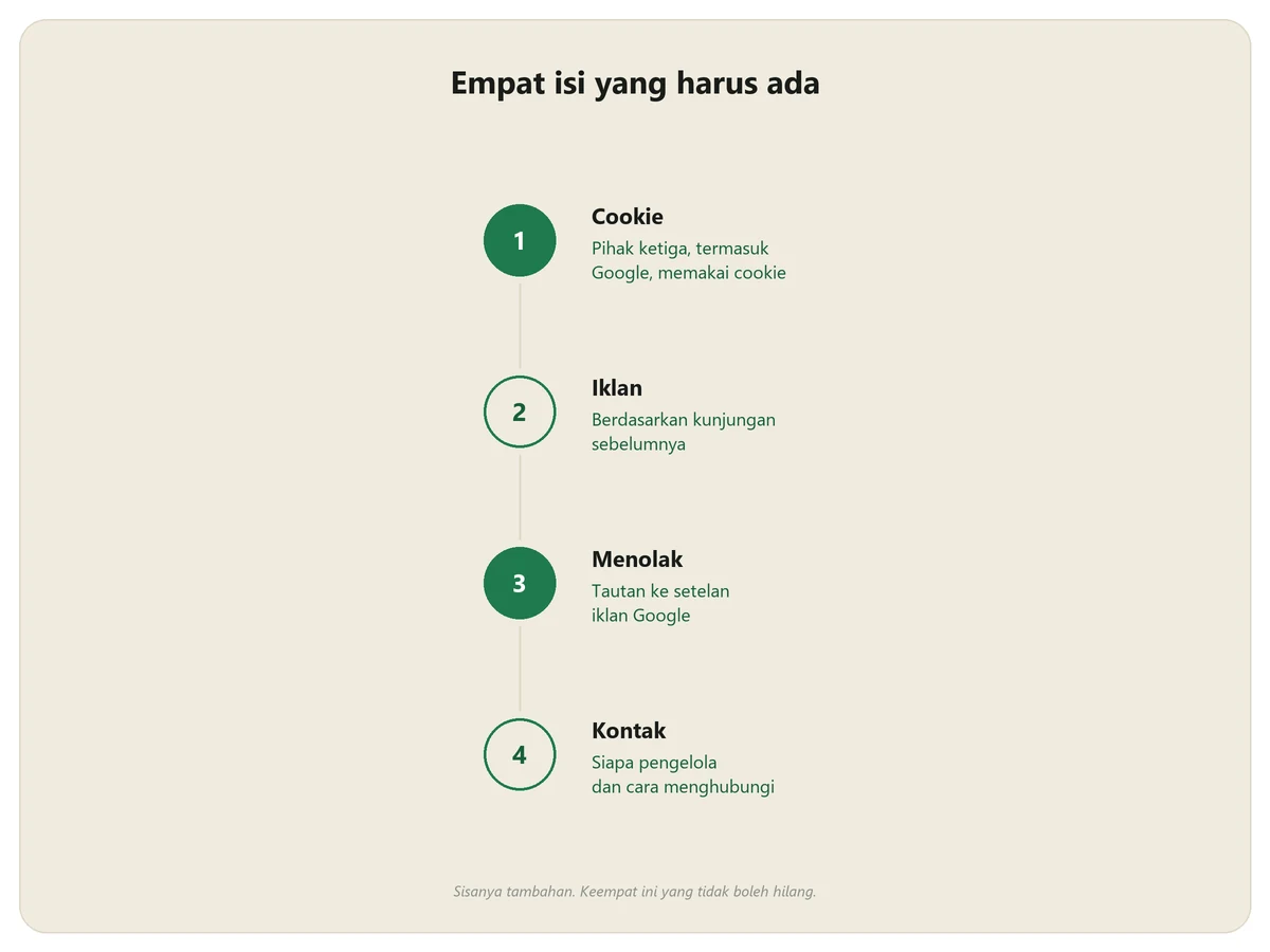 Empat isi wajib kebijakan privasi untuk AdSense: penggunaan cookie pihak ketiga, iklan berdasarkan kunjungan sebelumnya, cara menolak, dan kontak pengelola