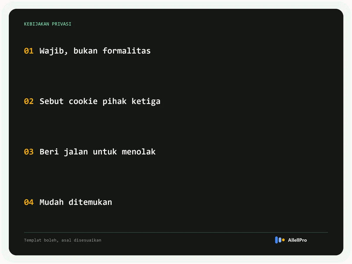 Empat poin kebijakan privasi untuk AdSense: wajib bukan formalitas, sebut cookie pihak ketiga, beri jalan untuk menolak, mudah ditemukan