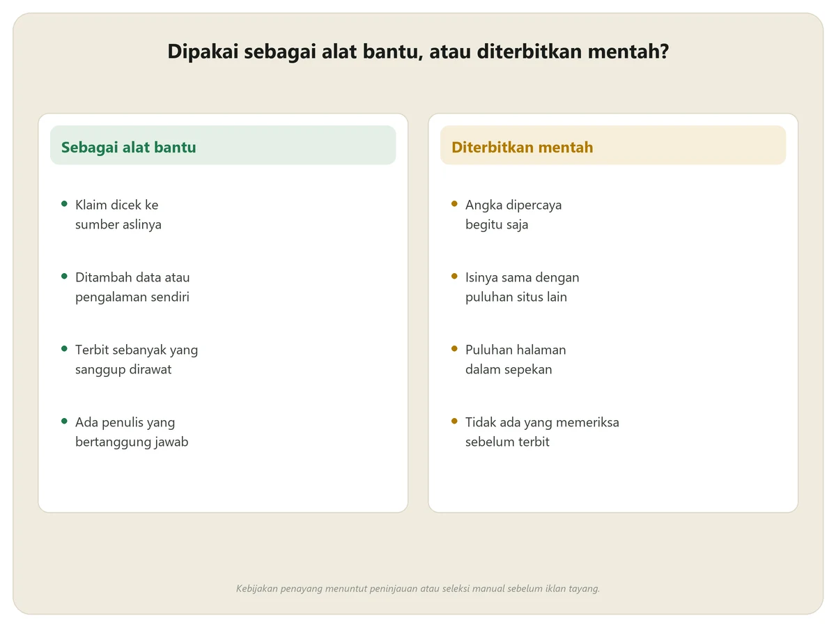 Perbandingan memakai AI sebagai alat bantu dengan menerbitkan hasilnya mentah-mentah: pemeriksaan klaim, nilai tambah, kecepatan terbit, dan tanggung jawab penulis