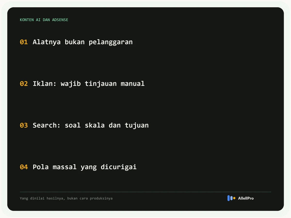 Empat hal pokok soal konten AI dan AdSense: alat AI bukan pelanggaran, kebijakan penayang menuntut tinjauan manual, kebijakan spam menilai skala dan tujuan, serta pola produksi massal yang dicurigai