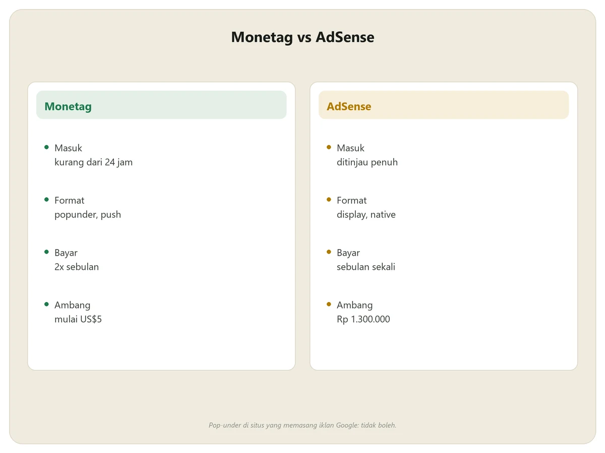 Perbandingan Monetag dan AdSense dari cara masuk, format iklan, jadwal bayar, dan ambang pembayaran