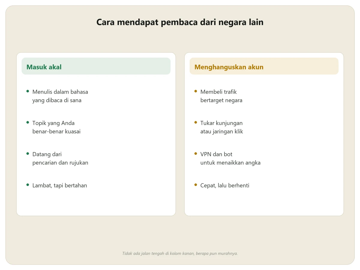 Perbandingan cara wajar mendapat pembaca luar negeri dengan cara yang menghanguskan akun AdSense seperti membeli trafik dan tukar kunjungan