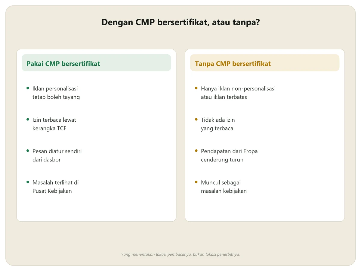 Perbandingan memakai CMP bersertifikat dan tanpa CMP bersertifikat di AdSense: jenis iklan yang boleh tayang, pembacaan izin, dampak pendapatan, dan statusnya di Pusat Kebijakan