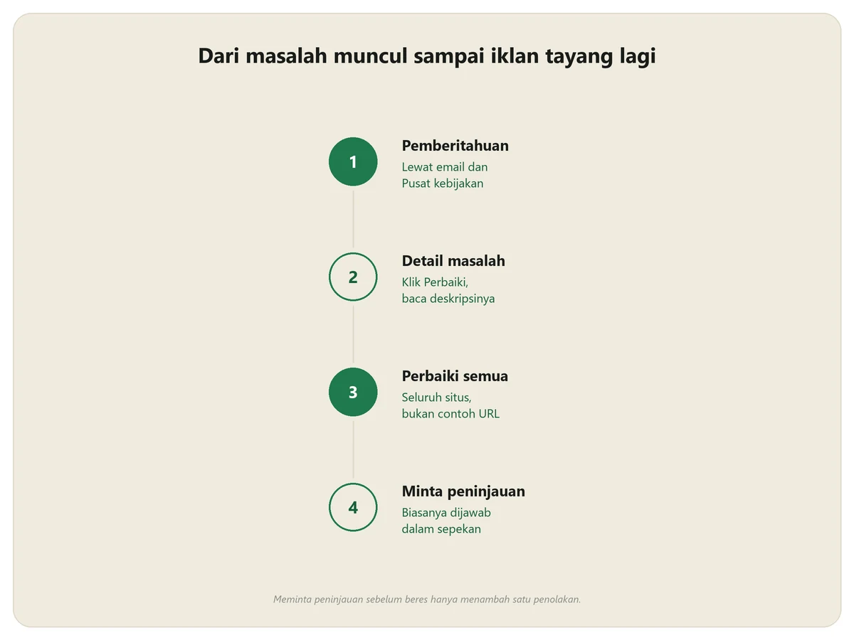 Urutan empat langkah menangani masalah di Pusat Kebijakan AdSense: pemberitahuan, membaca detail masalah, memperbaiki seluruh situs, lalu meminta peninjauan