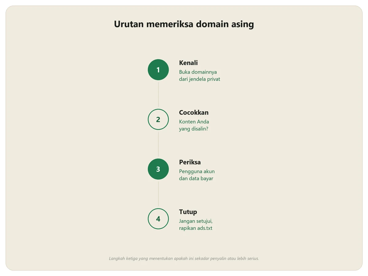 Empat langkah memeriksa situs tidak dikenal di AdSense: kenali domainnya, cocokkan kontennya, periksa akses akun, tutup dengan tidak menyetujui dan merapikan ads.txt