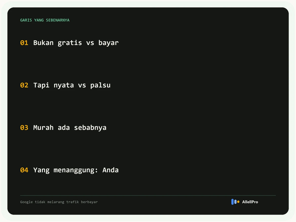Garis aman trafik AdSense bukan gratis versus berbayar melainkan pengunjung nyata versus palsu, dan pemilik akun yang menanggung risikonya