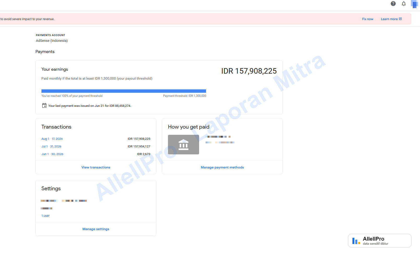 Dashboard pembayaran AdSense mitra Wandy, data rekening diblur
